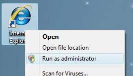 Run Internet Explorer as administrator screenshot Run Internet Explorer as administrator screenshot
